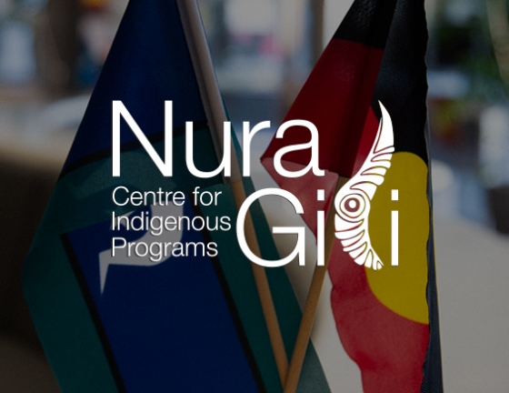 Nura Gili logo in front of the Aboriginal and Torres Strait Islander flags