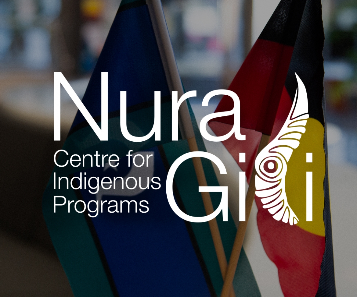 Nura Gili logo in front of the Aboriginal and Torres Strait Islander flags